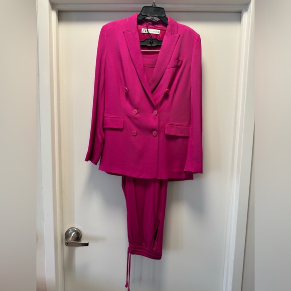 Zara Fuchsia Pink Flowy Blazer & Pajama Pant Set Size Small - Picture 4 of 12